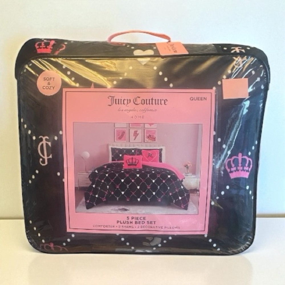 Juicy Couture Plush Black & Pink JC Crown Logo Bed Comforter Set QUEEN 5 Piece
